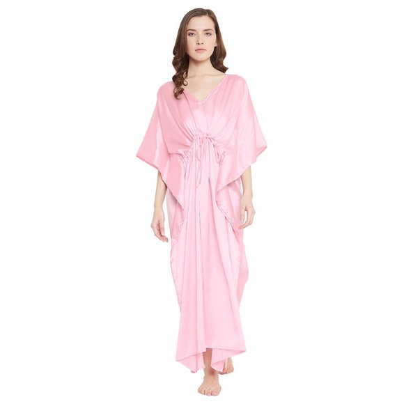 Women's Pink Satin Night Dress Kimono Kaftan Solid Caftan Cover up Maxi Dresses - Picture 3 of 10